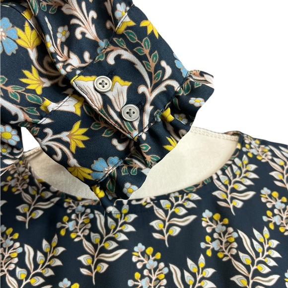 LOFT Floral Long Sleeve Blouse Navy Green Yellow Boho Top Size M - Picture 7 of 10